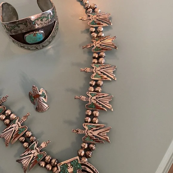 Silver Handmade Vintage Squash Blossom Necklace, Bracelet, Ring - Picture 7 of 16